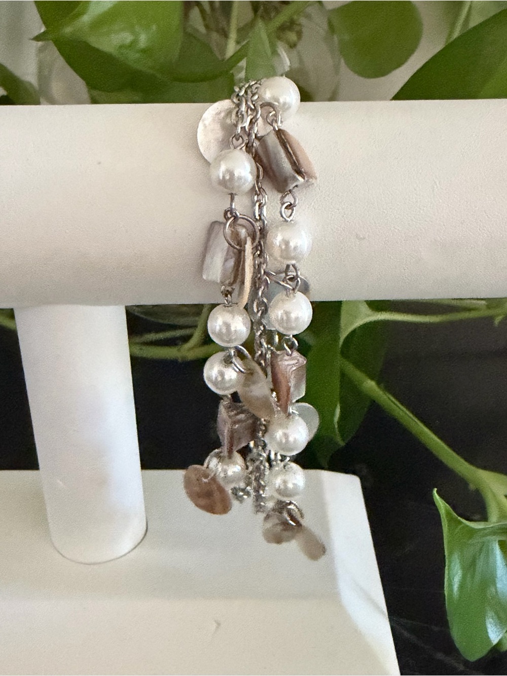 Vintage Premier Designs Silver Tone Pearl & Shell Charm Bracelet